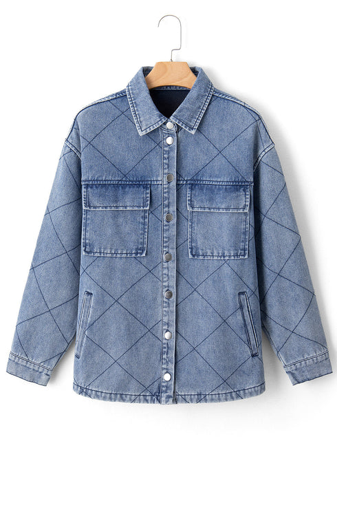 Rhombus Stitched Pattern Button Pocketed Denim Jacket