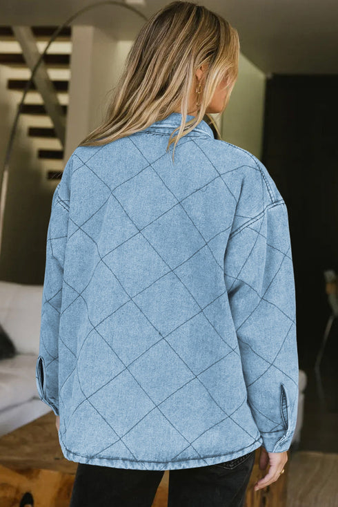 Rhombus Stitched Pattern Button Pocketed Denim Jacket