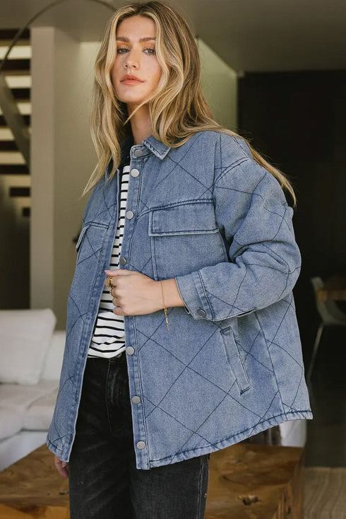 Rhombus Stitched Pattern Button Pocketed Denim Jacket