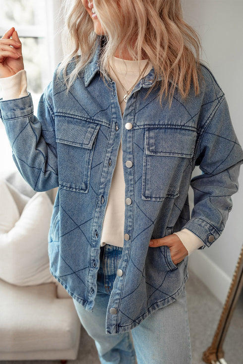 Rhombus Stitched Pattern Button Pocketed Denim Jacket