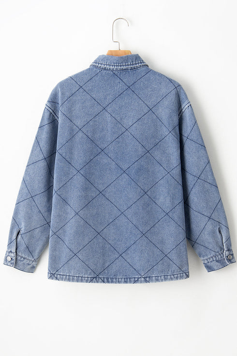 Rhombus Stitched Pattern Button Pocketed Denim Jacket