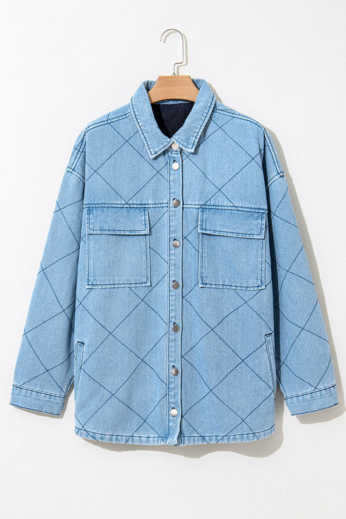 Rhombus Stitched Pattern Button Pocketed Denim Jacket