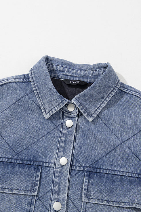 Rhombus Stitched Pattern Button Pocketed Denim Jacket