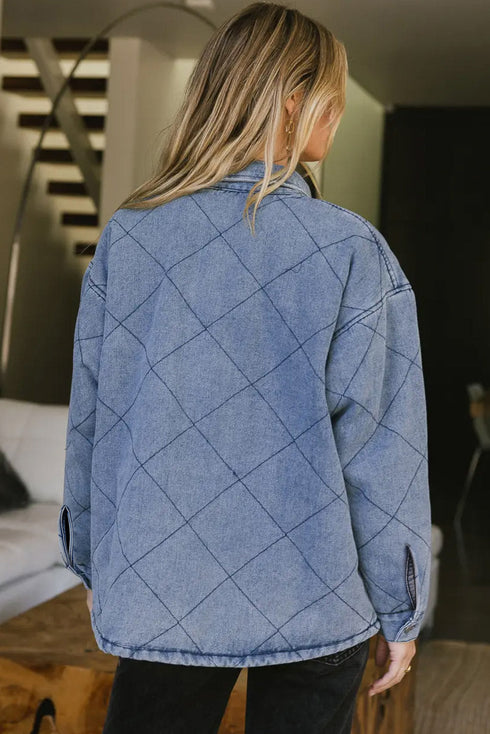 Rhombus Stitched Pattern Button Pocketed Denim Jacket