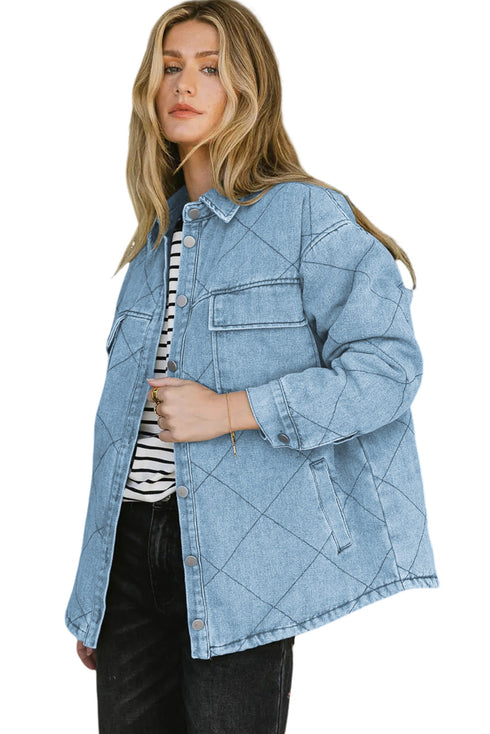 Rhombus Stitched Pattern Button Pocketed Denim Jacket