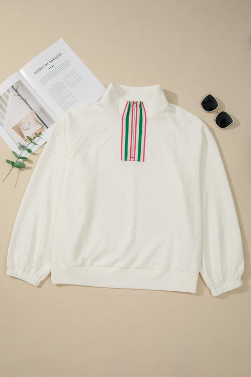Rhombus Texture Contrast Stripe Collar Drop Shoulder Oversized Sweatshirt