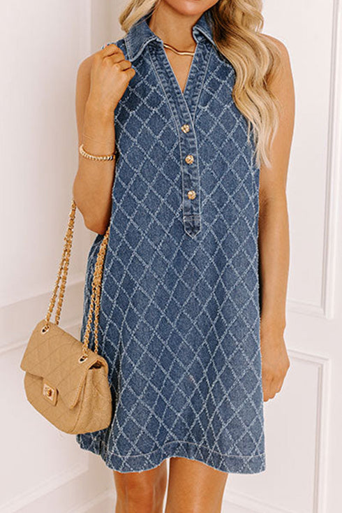 Rhombus Textured Collared Button Front Denim Mini Dress