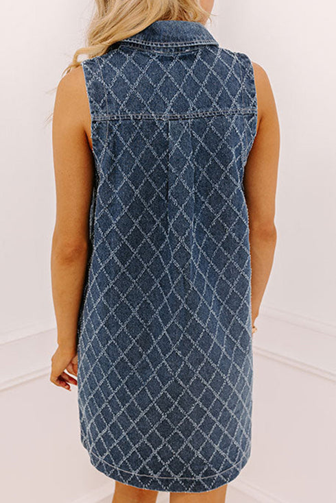Rhombus Textured Collared Button Front Denim Mini Dress
