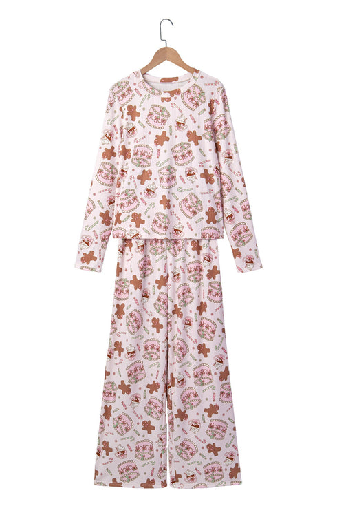 Ribbed Abstract Print Long Sleeve Two Piece Lounge Set