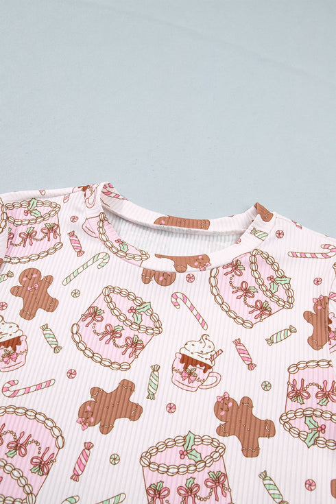 Ribbed Abstract Print Long Sleeve Two Piece Lounge Set