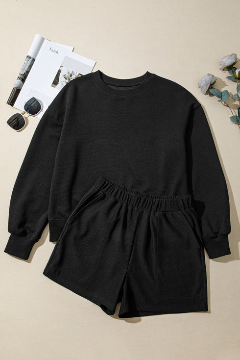 Ribbed Baggy Drop Shoulder Pullover And Short Sets