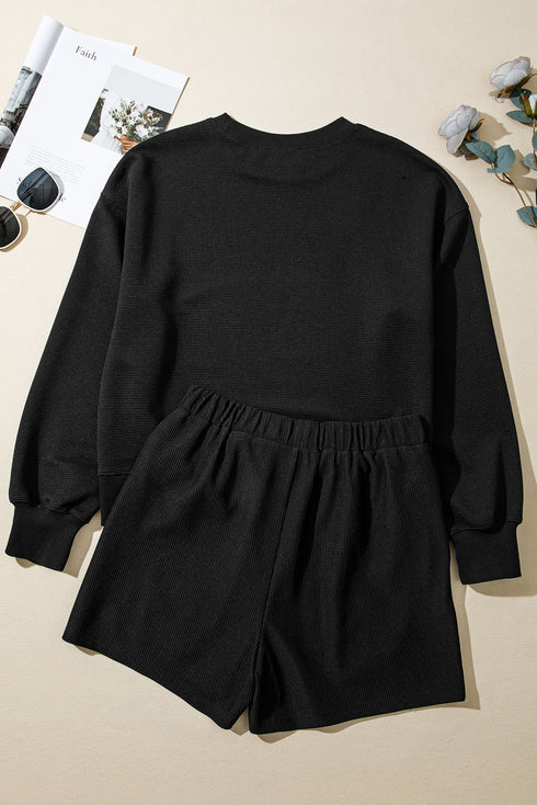 Ribbed Baggy Drop Shoulder Pullover And Short Sets