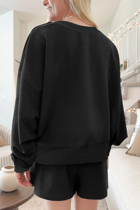 Ribbed Baggy Drop Shoulder Pullover And Short Sets