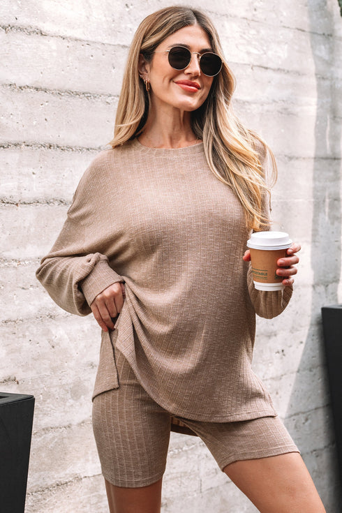 Ribbed Balloon Sleeve Pullover And Biker Short Set