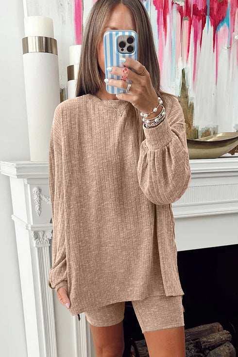 Ribbed Balloon Sleeve Pullover And Biker Short Set