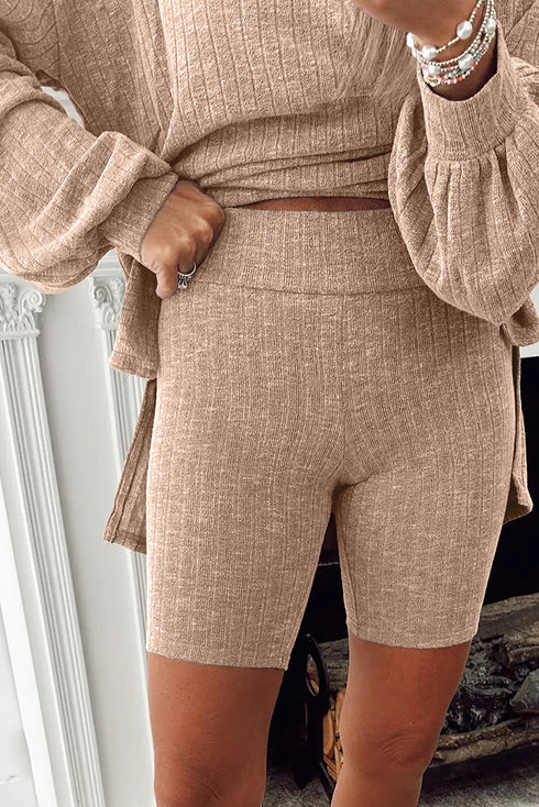 Ribbed Balloon Sleeve Pullover And Biker Short Set