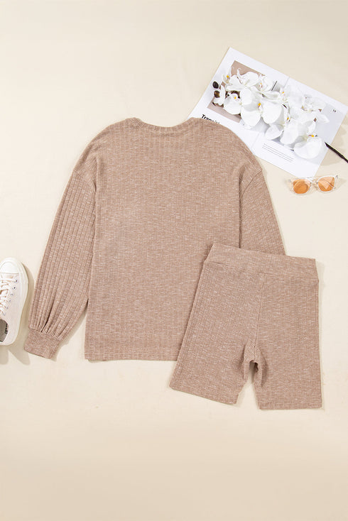 Ribbed Balloon Sleeve Pullover And Biker Short Set