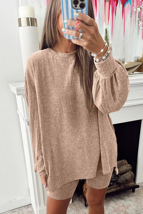 Ribbed Balloon Sleeve Pullover And Biker Short Set