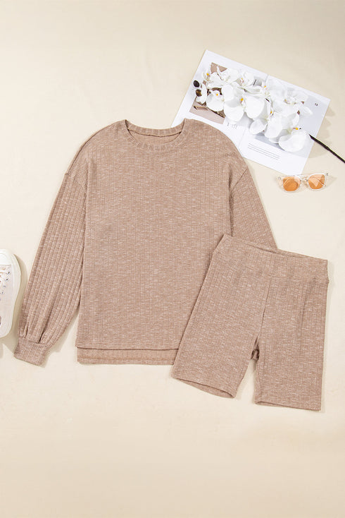 Ribbed Balloon Sleeve Pullover And Biker Short Set