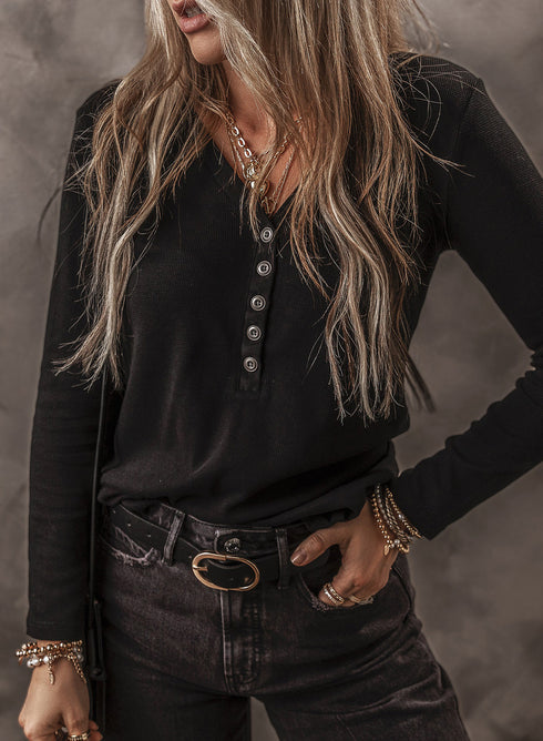Ribbed Button Front V Neck Cotton Blend Long Sleeve Top