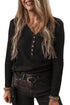 Ribbed Button Front V Neck Cotton Blend Long Sleeve Top