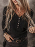 Ribbed Button Front V Neck Cotton Blend Long Sleeve Top