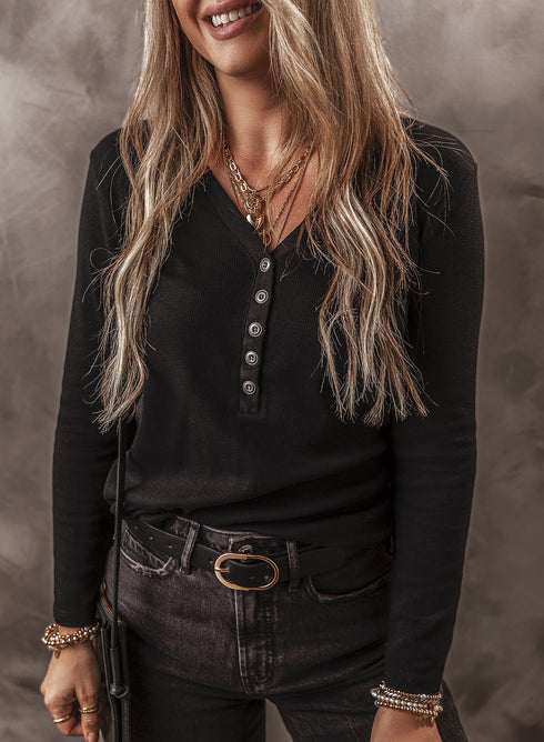 Ribbed Button Front V Neck Cotton Blend Long Sleeve Top