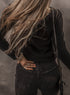 Ribbed Button Front V Neck Cotton Blend Long Sleeve Top