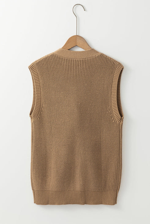 Ribbed Button Front V Neck Sleeveless Sweater Vest
