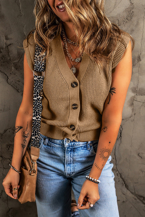 Ribbed Button Front V Neck Sleeveless Sweater Vest