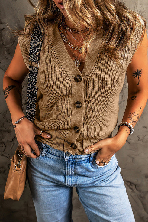 Ribbed Button Front V Neck Sleeveless Sweater Vest