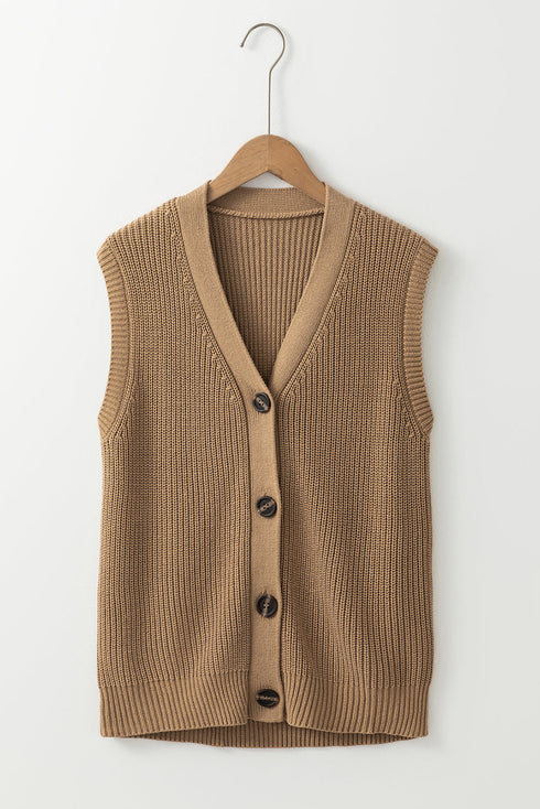 Ribbed Button Front V Neck Sleeveless Sweater Vest