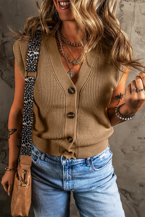 Ribbed Button Front V Neck Sleeveless Sweater Vest