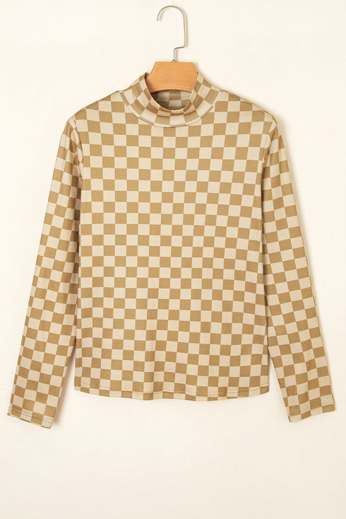 Ribbed Check Print Turtleneck Long Sleeve Slim Fit Top