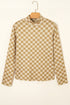 Ribbed Check Print Turtleneck Long Sleeve Slim Fit Top