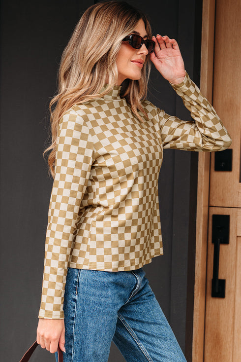 Ribbed Check Print Turtleneck Long Sleeve Slim Fit Top
