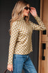Ribbed Check Print Turtleneck Long Sleeve Slim Fit Top