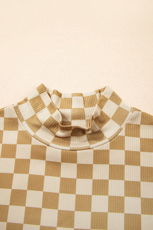 Ribbed Check Print Turtleneck Long Sleeve Slim Fit Top