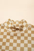 Ribbed Check Print Turtleneck Long Sleeve Slim Fit Top