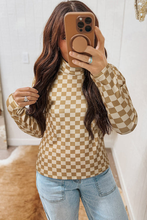 Ribbed Check Print Turtleneck Long Sleeve Slim Fit Top
