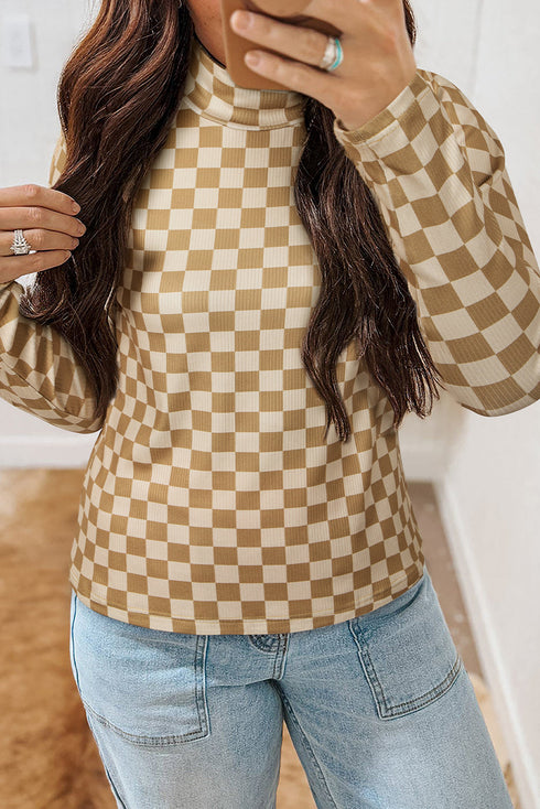 Ribbed Check Print Turtleneck Long Sleeve Slim Fit Top