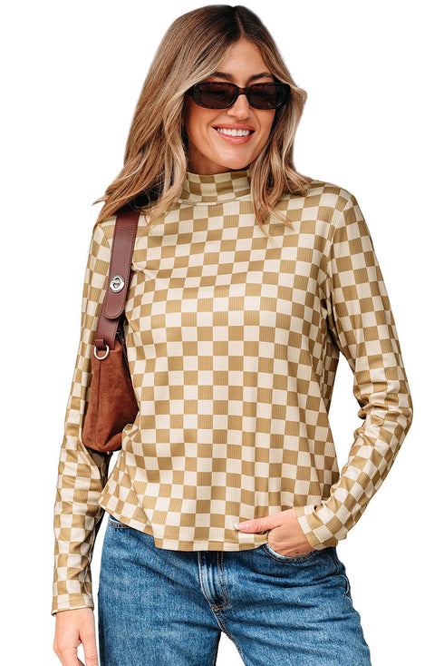 Ribbed Check Print Turtleneck Long Sleeve Slim Fit Top