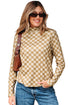 Ribbed Check Print Turtleneck Long Sleeve Slim Fit Top