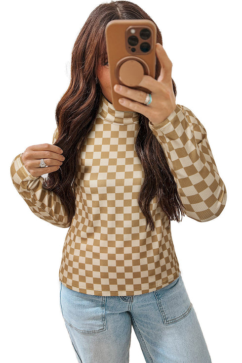 Ribbed Check Print Turtleneck Long Sleeve Slim Fit Top