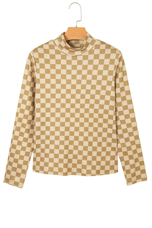 Ribbed Check Print Turtleneck Long Sleeve Slim Fit Top