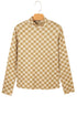Ribbed Check Print Turtleneck Long Sleeve Slim Fit Top