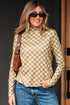 Ribbed Check Print Turtleneck Long Sleeve Slim Fit Top