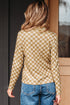 Ribbed Check Print Turtleneck Long Sleeve Slim Fit Top