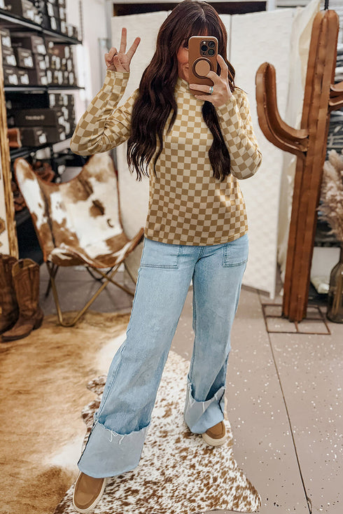 Ribbed Check Print Turtleneck Long Sleeve Slim Fit Top