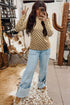 Ribbed Check Print Turtleneck Long Sleeve Slim Fit Top